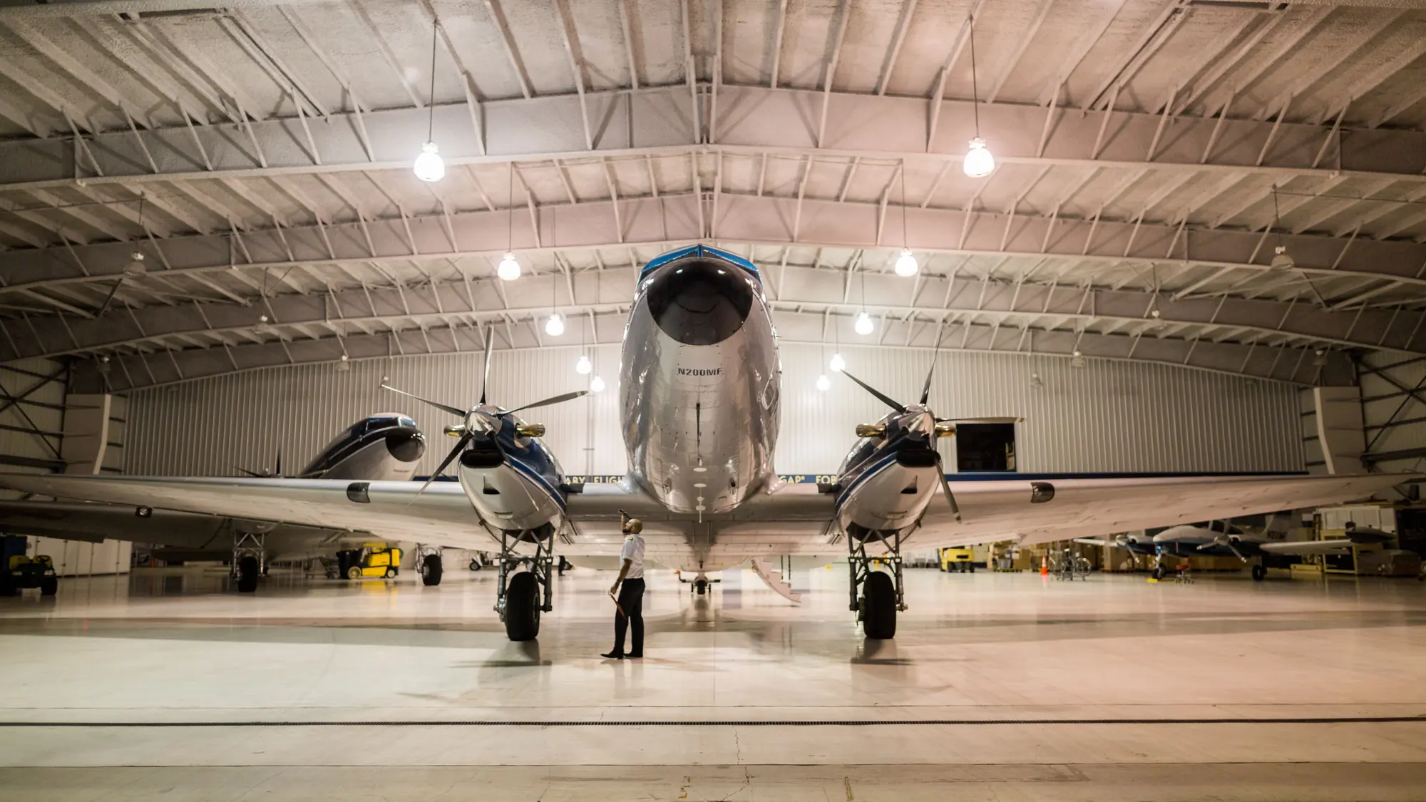 Aircraft in a hangar viewed head-on